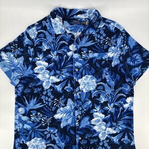 Polo Ralph Lauren Shirt Men XL Blue Terry Cloth Floral Hawaiian Camp Jardin